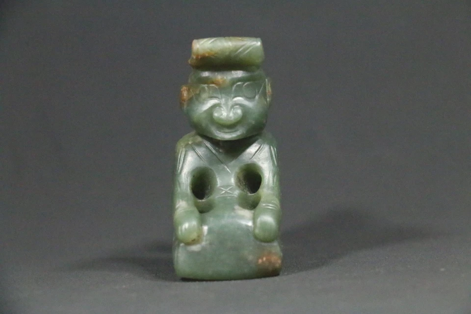 China old Shang Dy green jade Carved fortune god Figure statue pendant 商代青玉神人挂件 - Image 1 of 4