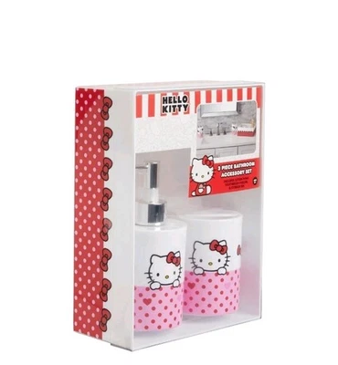 NEW Hello Kitty 3pc Bathroom Accessory Set Toothbrush Cup~Soap Pump~Storage Bin Foto 1 de 4