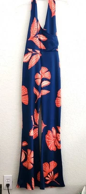ONE PIECE HALTER JUMP SUIT-Y2K-Flared Legs-Button Behind Neck-Flowered-X[X]S - Image 1 of 4