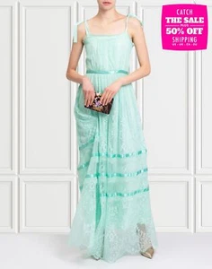 RRP €475 BLUGIRL FOLIES Maxi Dress IT42 US8 UK10 M Green Lace Lined Flared - Picture 1 of 11