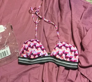 NEU Victoria's Secret Swim GEO Neckholder Triangel gebändert gepolstert Neon Bikini Oberteil Gr. S - Bild 1 von 5