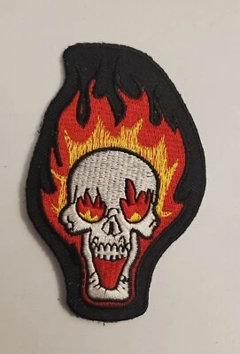 Skull Flaming Fire Ball Biker Punk Rock Patch Iron on Embroidered Fabric Craft - Image 1 of 2