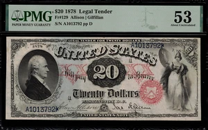 1878 $20 Legal Tender FR-129 - Graded PMG 53 - About Uncirculated - Picture 1 of 2