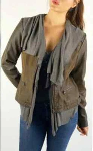 Anthropologie Hei Hei Vegan Leather Jacket Size S Brown Zip Up Layered Trim - Picture 1 of 15