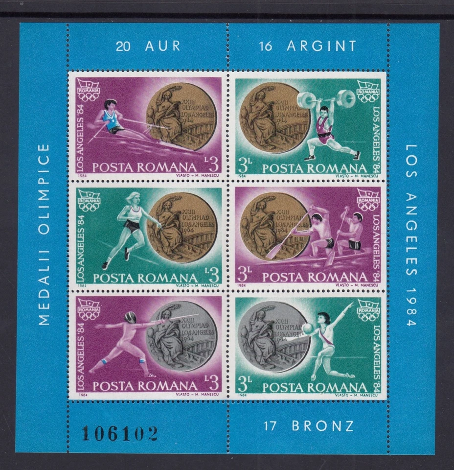 Romania 1984 Los Angeles Olympic Games Medals & Winners MUH Sheetlet of 6 Stamps - Image 1 of 1