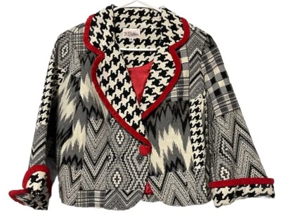 Chaqueta Blazer 3 Hermanas 1 Botón Negra Blanca Roja Boho Art-to-Wear Talla PL Petite Foto 1 de 4