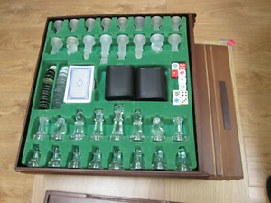 Wooden Glass 6-in-1 Delux Backgammon,Chess,Checkers,Cribage,Poker Cards,Dominos - Picture 1 of 12