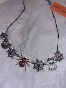 Betsey Johnson Spider Web Crystal Ghost Cat Spider Halloween Necklace NWT $75 - Picture 1 of 6