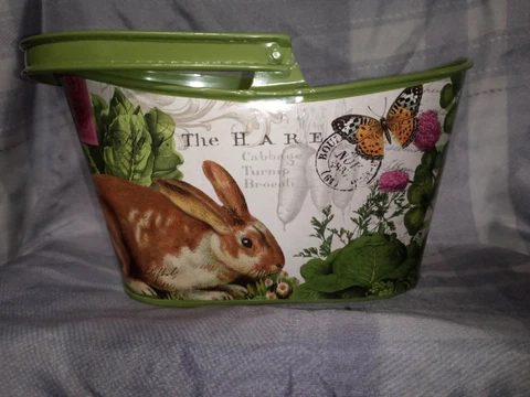 In The Greenhouse Garden Bunny Decoupage Medium Tin Basket Cover
