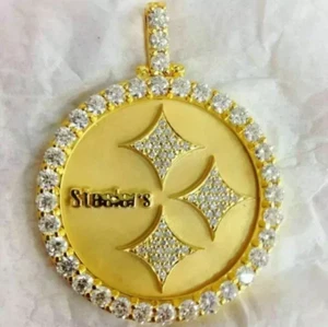 3.00 CT Round Cut Real Moissanite Unisex Steeler Pendant 14K Yellow Gold Plated - Picture 1 of 13