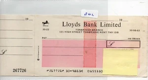 Cheque - (CH1802) - sin usar - post 1971 - Lloyds Bank, Tonbridge, Kent + c/lámina - Imagen 1 de 1