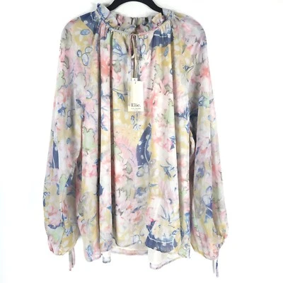 NWT ELIE TAHARI WOMAN Floral Split V Neck Tie Closure Ruffle Collar LS Top 3X - Image 1 of 4