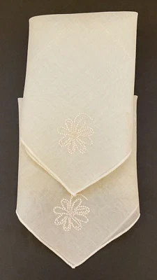 Vintage Women's Handkerchief Beige Linen Blend White Textured Daisy Set Of 2 - Image 1 of 4