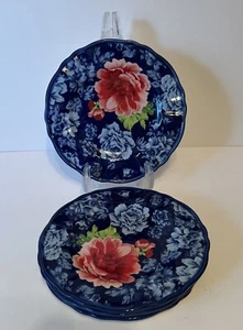 Set Of 4 PIONEER WOMAN Heritage Floral Cobalt Blue Scalloped Salad Dessert Plate - Picture 1 of 3