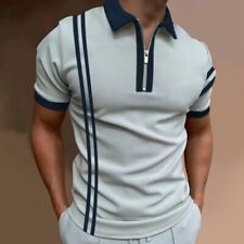 Mens Striped Golf Short Sleeve Shirts Tee Casual Business Zipper Top Fit T-shirt