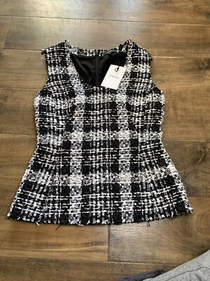 Theory Sculpt U 领女式衬衫黑色白色橡胶粗花呢上衣 $295 P 码 — 第 1/4 张图片