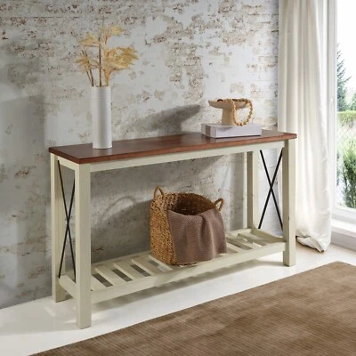 Cottage Sideboard Hall Table Console White Solid Pine Walnut Top H81xW132xD36cm - Image 1 of 4