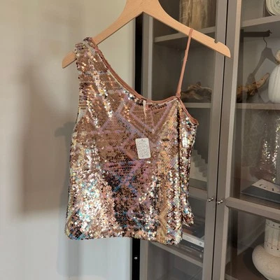 Camiseta Free People Disco Fever NUEVA Lentejuelas Geométricas Doradas Un Hombro Talla XS Foto 1 de 4