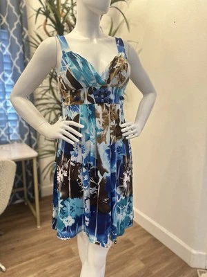Bisou Bisou Blue Floral Print Dress Size L 10/12 Sleeveless Midi Career Cocktail - Image 1 of 4