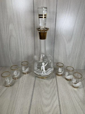 Vtg Czech Bohemia crystal decanter 6 matching glasses Hand Painted Boy Girl Bird - Image 1 of 4