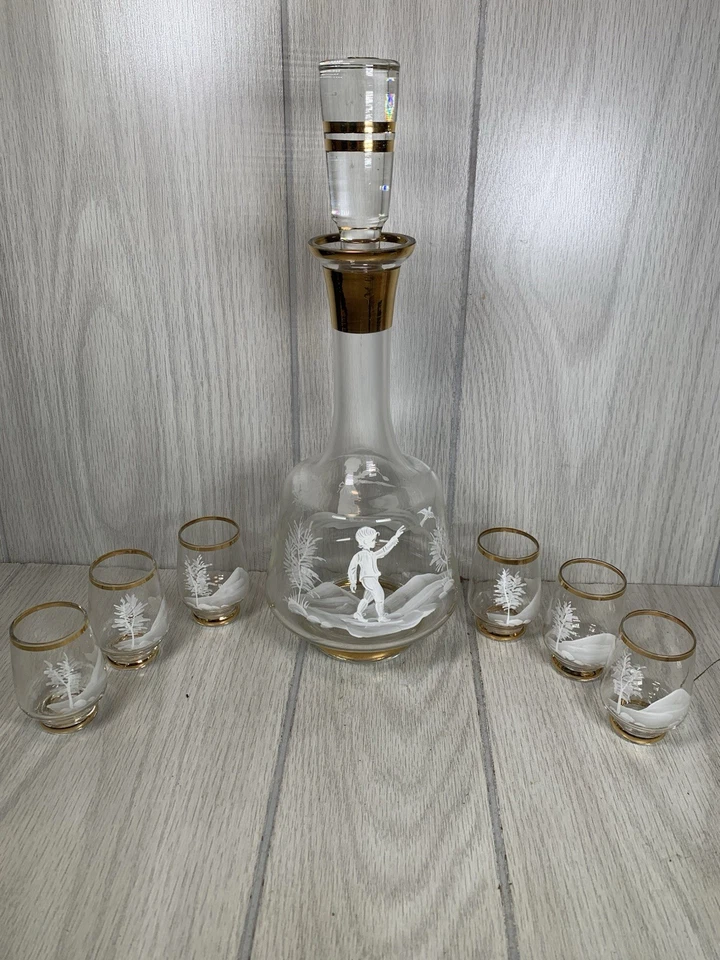 Vtg Czech Bohemia crystal decanter 6 matching glasses Hand Painted Boy Girl Bird - Image 1 of 4