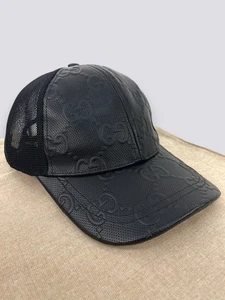 Gucci GG Monogram Logo Embossed Leather Mesh Baseball Cap Hat Black Size M - Picture 1 of 12