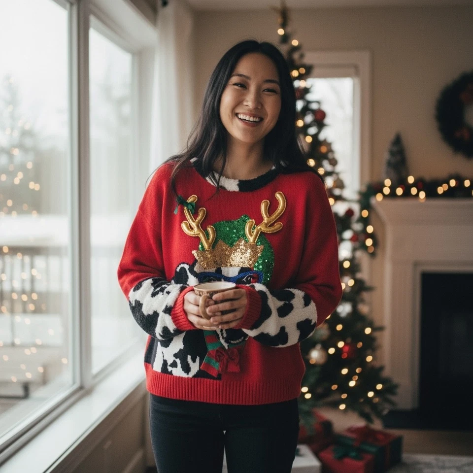 Suéter Feo Navidad Vaca - XL ¡Alerta Divertida! Top de vacaciones con estampado de vaca nuevo sin etiquetas Foto 1 de 4