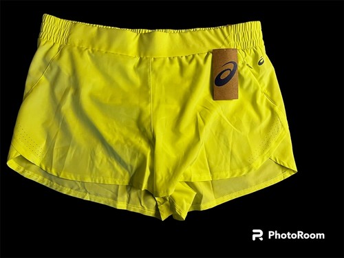 Pantaloncini da corsa da donna nuovi con etichette ASICS frontali piatti foderati taglia XL giallo brillante