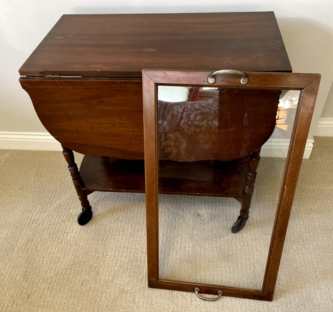 Vintage Wood Rolling Tea Table/Bar Cart with Drop Leaf & Detachable Glass Tray Cover
