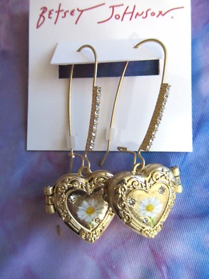 Betsey Johnson Gold Tone Sweetheart Daisy Heart Locket Drop Earrings NWT - Image 1 of 4