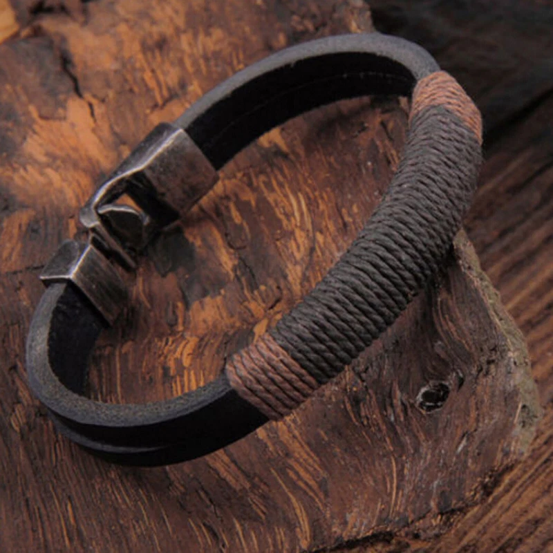 Pulsera brazalete brazalete vintage de cuero de cáñamo marrón negro para hombre joyería Foto 1 de 1