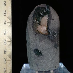 Stilbite Zeolite crystals in Julgoldite lined cut base basalt geode vug 897ct - Picture 1 of 8