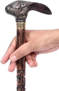 Floral Carved Walking Cane Handmade Wooden Stick With Rabbit Head Handle Seniors - Picture 1 of 5