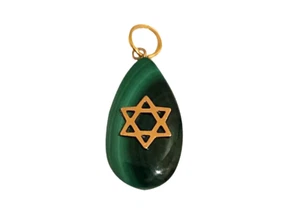 14K Gold Star Of David Pendant Water Drop Shape on Green Stone - 2.56g-30mmH #75 - Picture 1 of 1