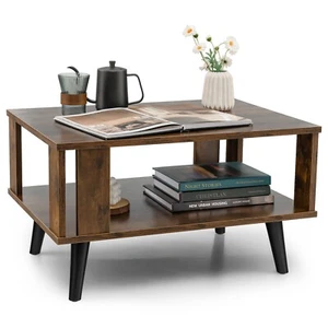 Industrial Coffee Table  2-Tier Wooden Center Table Small Side Table Living Room - Picture 1 of 11