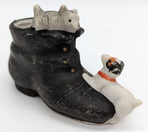 Victorian Boot with Jack Russel and Grey Cat Toothpick holder Japan 1921-1945 - Picture 1 of 5