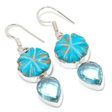 Copper Blue Turquoise, Blue Topaz Gemstone Handmade Jewelry Earring 2.29" PE-492
