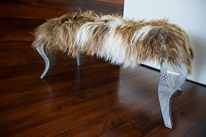 Ottoman silver Oak wood indoor bench - upholstered Icelandic sheepskin - 4 us - Picture 1 of 5