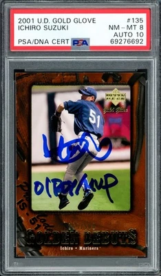 Ichiro Suzuki Signed 2001 UD Gold Glove RC 135 PSA 8 Sig 10 ROY/MVP #265/500 DNA - Image 1 of 2