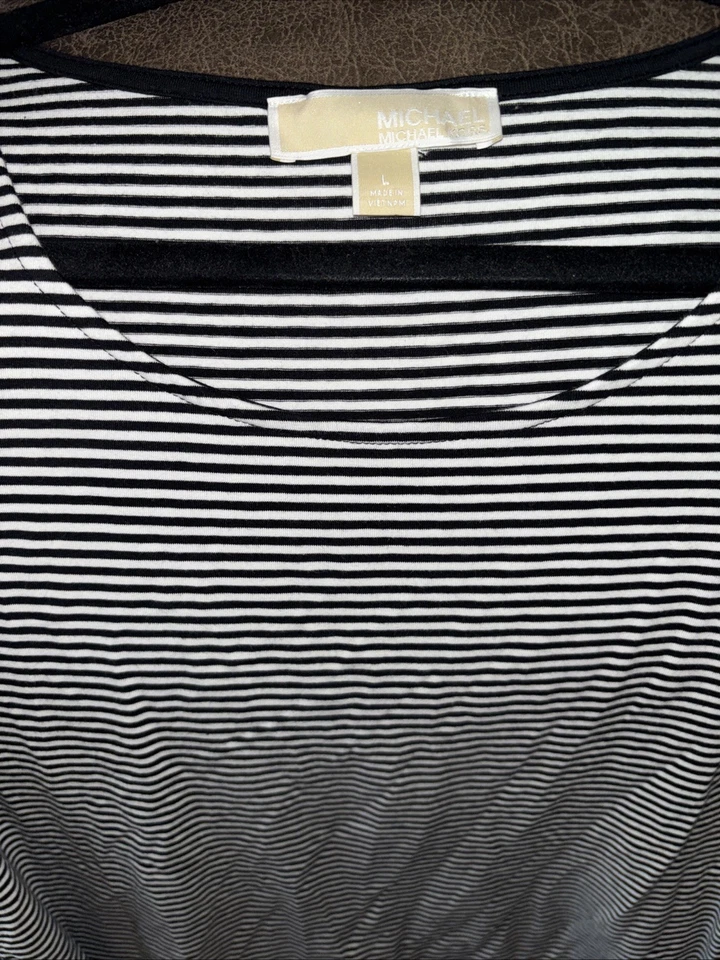 Michael Kors Black and White Striped Cold Shoulder Dress - Image 1 of 4