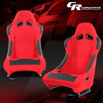 1 Pair of Universal Red Woven Fabric Fixed Positon Racing Seats w/Sliders - Image 1 of 4