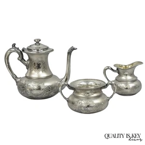 Antique EG Webster English Art Nouveau Silver Plated Repousse Tea Set - 3 Pc Set - Picture 1 of 12
