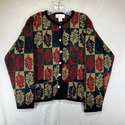 Cárdigan suéter mediano vintage años 90 hojas de otoño botones metálicos para mujer Foto 1 de 4