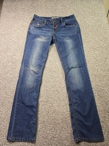 YMI Jeans Womans 9 Blue Denim Straight Leg Distressed Button Fly Embroidered - Picture 1 of 15