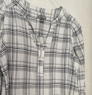 FALLS CREEK V-Neck Tunic Top Size M Long Sleeved White with Gray Plaid Pattern - Image 1 of 4