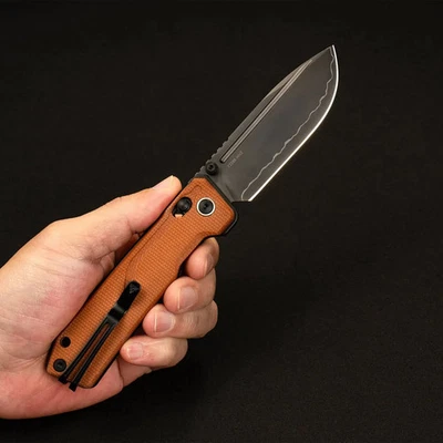Cuchillos SRM Rubik Cuchillo Plegable 31/2′′ 140Cr Hoja de Acero Marrón Lona Mango Micarta Foto 1 de 4