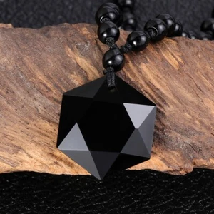 Natural Obsidian Stone Necklace Black Obsidian Hexagon Charm Necklace Handmade - Picture 1 of 3
