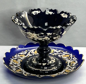 19th Bohemian Moser Stand Bowl with Plate Cobalt Blue Glass Enamel & Gold - Picture 1 of 12