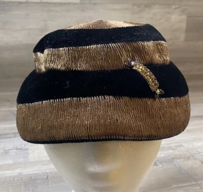 Vintage Gotham Pillbox Hat Dress Womens Velvet Black Striped MCM Size 22 1/2 - Image 1 of 4
