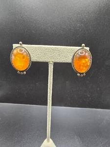 vintage Sterling Silver and Baltic Amber Earrings cabochon style stud signed - Picture 1 of 6